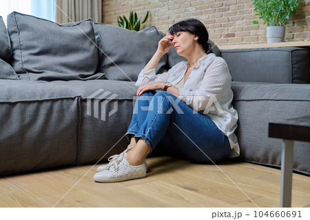 Mature woman suffering from physical pain, mental problems 104660691