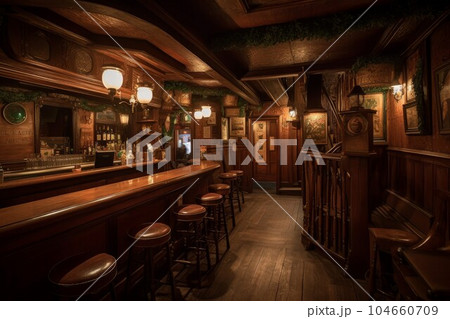Irish pub wood room light. Bar beer. Generate Ai Irish pub wood room light. Bar beer. Generate Ai 104660709