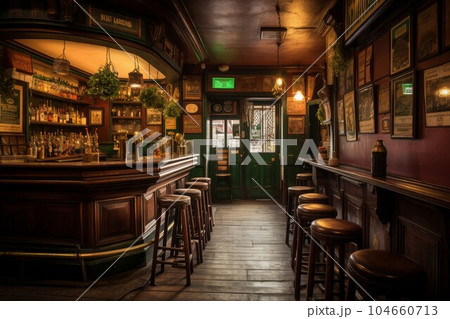 Irish pub wood interior. Cider counter. Generate Ai 104660713