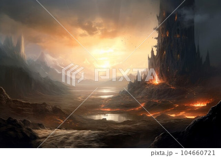 Black fire land. Magma hell stone. Generate Ai 104660721