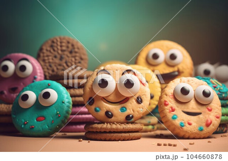 Funny cookie characters. Funny face biscuit. Generate Ai 104660878
