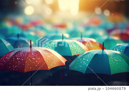 Cheerful colorful umbrellas. Open protection. Generate Ai 104660879