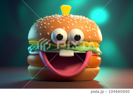3d cute hamburger character. Meat meal. Generate Ai 104660880