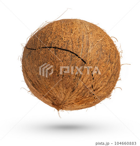 Broken coconut on a white isolated background. A broken coconut hangs or falls casting a shadow close-up. on a white background. 104660883