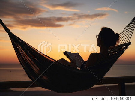 Woman with book on hammock. Nature vacation. Fictional person. Generate Ai 104660884
