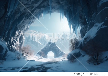 Winter landscape gate. Water nature blue. Generate Ai 104660886