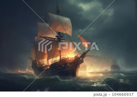 Ship in sea storm. Pirate old distress. Generate Ai Ship in sea storm. Pirate old distress. Generate Ai 104660937