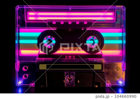 Music cassette neon light. Mix style retro. Generate Ai 104660990