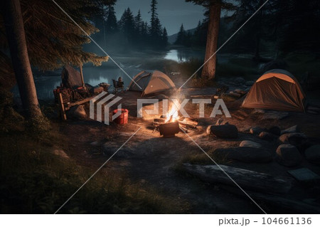 Tent campsite with fire. Forest wild camp. Generate Ai Tent campsite with fire. Forest wild camp. Generate Ai 104661136
