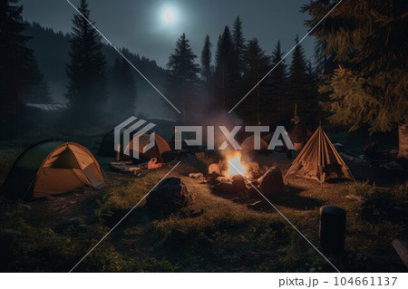 Campsite with fire. Sky night stars. Generate Ai 104661137