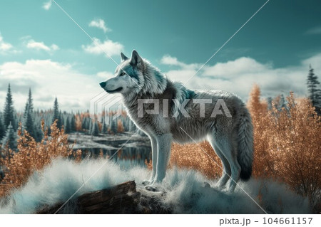 Northern landscape with wolf. Forest animal. Generate Ai Northern landscape with wolf. Forest animal. Generate Ai 104661157