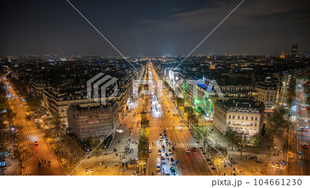 Champs Elysess Avenue night aerial view from Arc de Triomphe de l Etoile, Paris, France 104661230