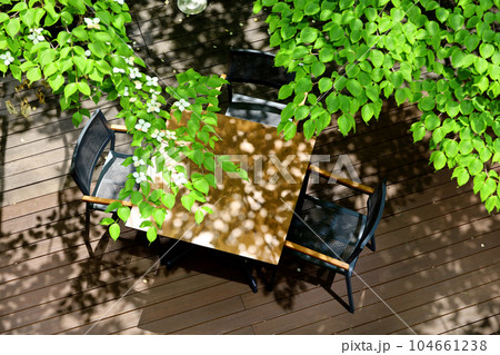 緑豊かな夏の木々に覆われた都市の中のテラス 104661238
