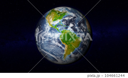 Realistic Earth globe focused on Americas. Day side of Earth illuminated by sunshine and stars of universe on background. Elements of this image furnished by NASA 104661244
