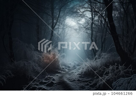 Winter dark forest. Nature fog. Generate Ai 104661266
