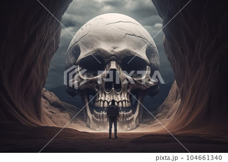 Skull man cave. Man stone ancient. Generate Ai 104661340