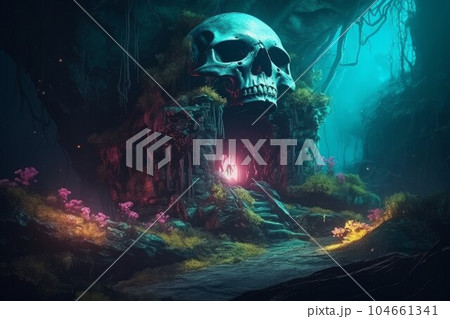 Open skull magic forest. Dark cave. Generate Ai 104661341