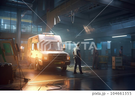 Paramedic works at ambulance car. Accident team. Fictional person. Generate Ai 104661355