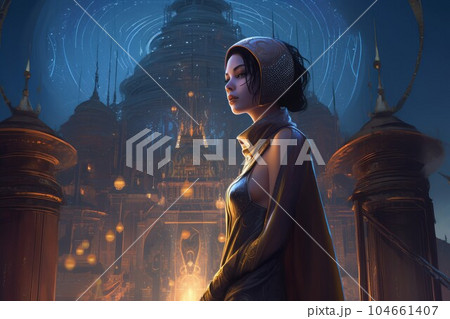 Cosmic dressed woman. Cosmic fashion. Fictional person. Generate Ai Cosmic dressed woman. Cosmic fashion. Fictional person. Generate Ai 104661407
