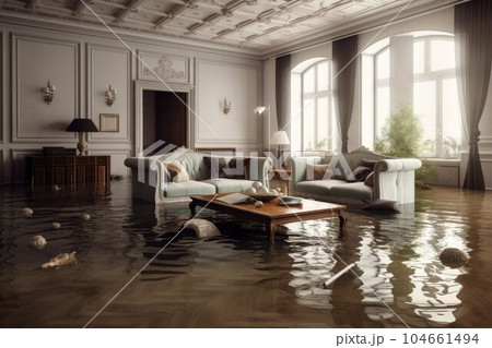 Water damage livingroom. Room interior. Generate Ai Water damage livingroom. Room interior. Generate Ai 104661494