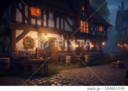 Medieval tavern exterior. Old pub bar. Generate Ai 104661590