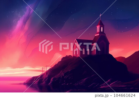 Church on horth neon. Nature night. Generate Ai Church on horth neon. Nature night. Generate Ai 104661624