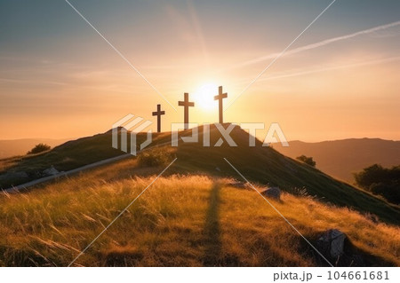 Hill crosses sunset. Friday sunset. Generate Ai 104661681