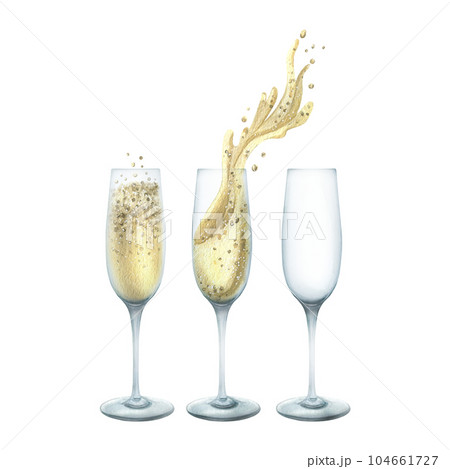 Glasses empty with champagne and with splashes. Watercolor illustration, hand drawn. Isolated elements on a white background. Glasses empty with champagne and with splashes. Watercolor illustration, hand drawn. Isolated elements on a white background. 104661727