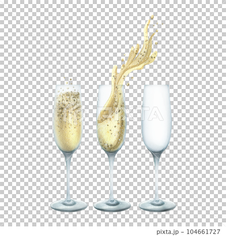 Glasses empty with champagne and with splashes. Watercolor illustration, hand drawn. Isolated elements on a white background. Glasses empty with champagne and with splashes. Watercolor illustration, hand drawn. Isolated elements on a white background. 104661727
