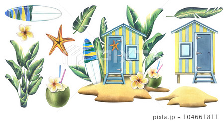 Wooden beach house on the island with tropical leaves, surfboard, coconut cocktail, plumeria flower and starfish. Watercolor illustration, hand drawn. Isolated elements on a white background. 104661811