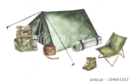Tent, backpack, folding chairs, hiking boots, rope, sleeping mat. Camping concept., Hand drawn watercolor illustration isolated on white background. For design, decor, invitations. Tent, backpack, folding chairs, hiking boots, rope, sleeping mat. Camping concept., Hand drawn watercolor illustration isolated on white background. For design, decor, invitations. 104661927