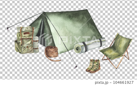 Tent, backpack, folding chairs, hiking boots, rope, sleeping mat. Camping concept., Hand drawn watercolor illustration isolated on white background. For design, decor, invitations. Tent, backpack, folding chairs, hiking boots, rope, sleeping mat. Camping concept., Hand drawn watercolor illustration isolated on white background. For design, decor, invitations. 104661927