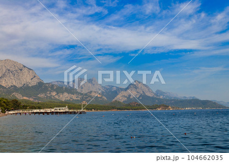 View of the Mediterranean sea coast and the Taurus mountains in Kemer, Antalya province in Turkey 104662035
