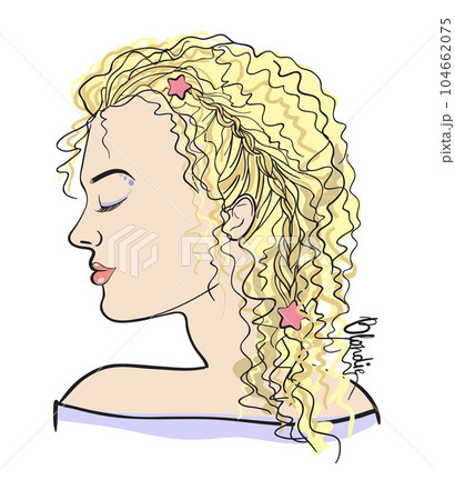 Profile of a blonde girl with wavy hair gathered in a braid 104662075