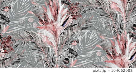 Seamless pattern with dry tropical palm leaves and pampas grass painted in watercolor Seamless pattern with dry tropical palm leaves and pampas grass painted in watercolor 104662082