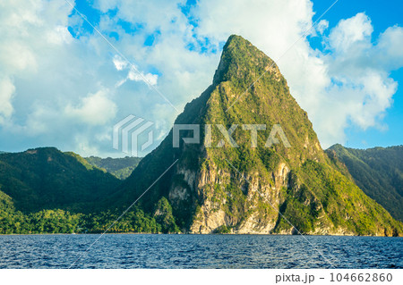 Gros Piton mountain view from the sea, Saint  Lucia, West Indies, Caribbean sea 104662860