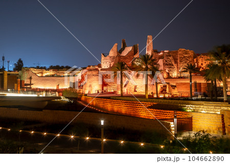Diriyah old town walls illuminated at night, Riyadh, Saudi Arabia 104662890