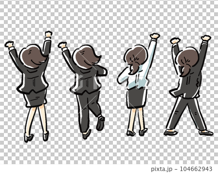 ガッツポーズで喜ぶ後ろ姿OLの手描きタッチのイラストセット 全身 ガッツポーズで喜ぶ後ろ姿OLの手描きタッチのイラストセット 全身 104662943