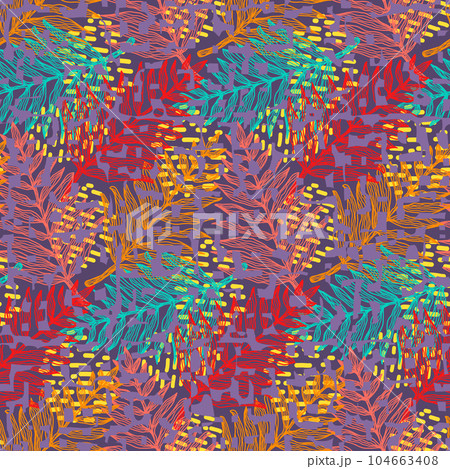 Magic textured bright seamless pattern with overlay blue, orange, red and pink tropical leaves. Fantasy elegant vector exotic fern leaf texture for textile, wrapping paper, surface, cover, background Magic textured bright seamless pattern with overlay blue, orange, red and pink tropical leaves. Fantasy elegant vector exotic fern leaf texture for textile, wrapping paper, surface, cover, background 104663408