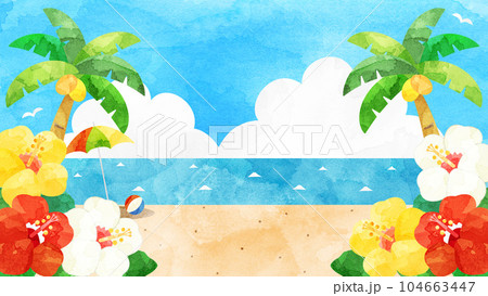 ハイビスカスと海などの真夏のビーチをイメージしたイラスト　水彩風加工バージョンアスペクト比16：9 104663447