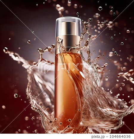 Beauty product bottle mockup, cosmetic container in liquid splash, skincare product packaging front view commercial template 104664036