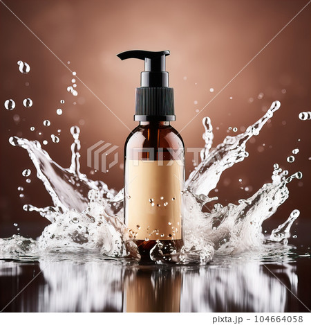 Beauty product bottle mockup, cosmetic container in liquid splash, skincare product packaging front view commercial template 104664058