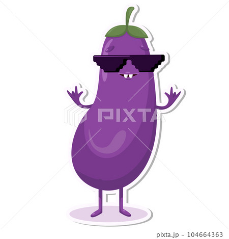 Vector illustration of eggplant character stickers with cute expression, cool, funny, eggplant isolated, cartoon style 104664363
