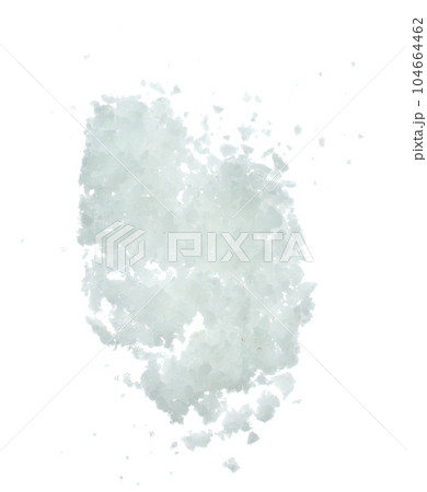 Salt rock flower fly explosion, white Salt rock flower explode abstract cloud fly. Big size ground salt splash in air, food object element design. White background isolated high speed freeze motion 104664462