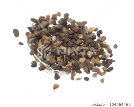 Fish Tank decorative Rock stone gravel fly explosion fall, brown stone rock explode abstract cloud fly, splash in air for ground floor. White background isolated high speed shutter freeze shot 104664469
