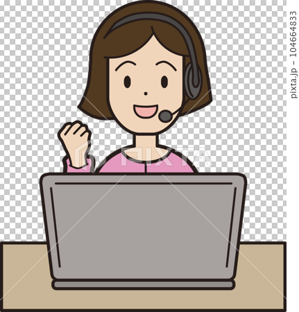 一位年輕女子一邊接電話一邊在電腦呼叫中心打字，微笑著擺姿勢 104664833