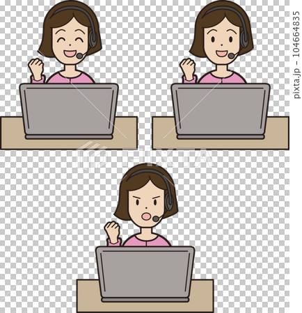 一位年輕女子在電腦呼叫中心打字時接聽電話，面部表情模式粘乎乎的姿勢 104664835