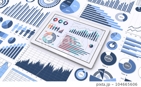 ビジネスデータを表示するタブレットと様々なグラフやチャート、ビジネスデータを分析・検討するイメージ 104665606
