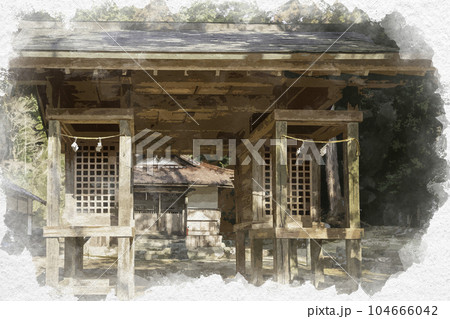 水彩画風　日吉神社　随身門　岡山県吉備中央町 104666042