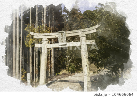 水彩画風 日吉神社 鳥居 岡山県吉備中央町のイラスト素材 [104666064